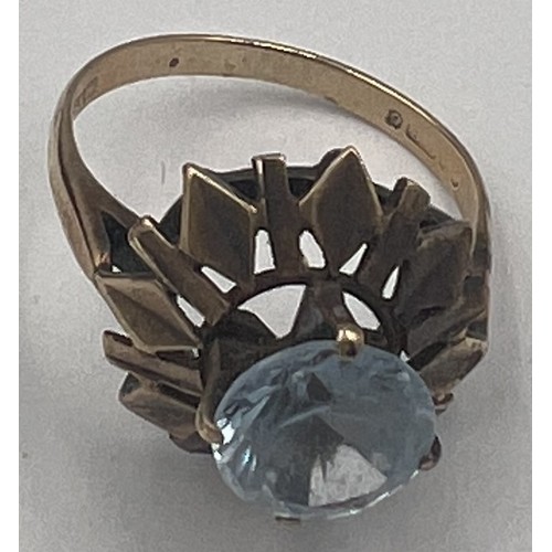 368 - A nine carat gold ring set with blue stone, circa 1970’s. Size N/O. Weight 3.8gm.  Makers mark S & W... 