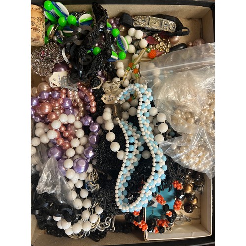 390 - A box of miscellaneous beads, trimmings, brooches, jet etc. Box size 28cm x 22cm x 3.5cm.