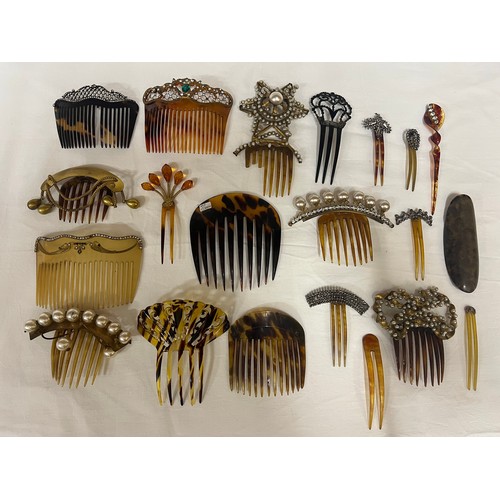 393 - A quantity of 19thC hair combs and decorations to include tortoiseshell. Many with hinged decoration... 