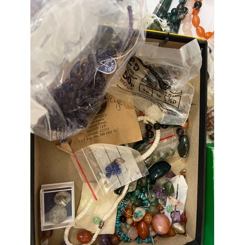 399 - Two boxes of vintage hardstone beads, necklaces etc to include moss agate, amethyst, malachite etc.