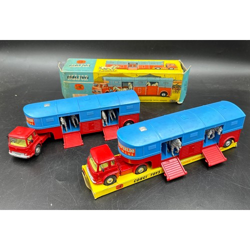 843 - Two Corgi toys circus horse transporter No. 1130 one with original box. Complete with 6 horses per t... 