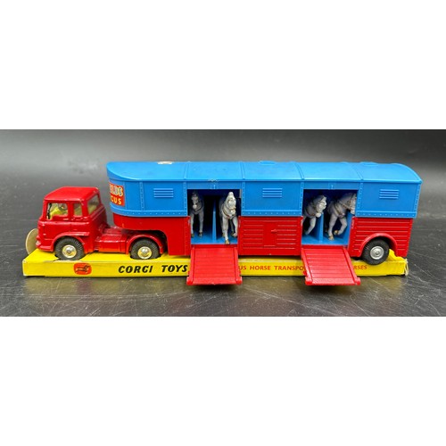 843 - Two Corgi toys circus horse transporter No. 1130 one with original box. Complete with 6 horses per t... 