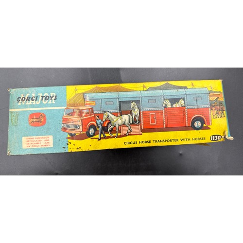 843 - Two Corgi toys circus horse transporter No. 1130 one with original box. Complete with 6 horses per t... 