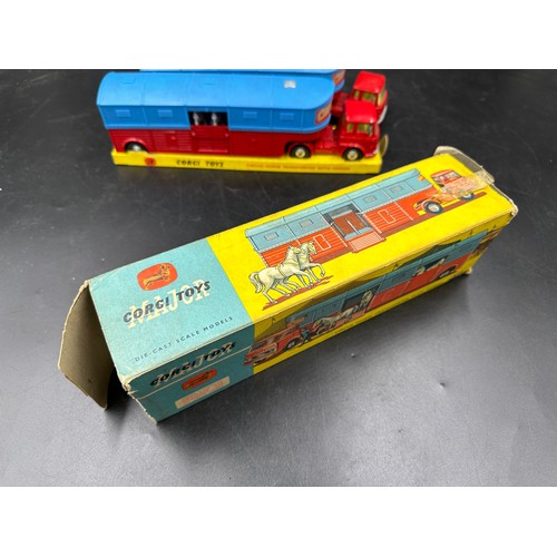 843 - Two Corgi toys circus horse transporter No. 1130 one with original box. Complete with 6 horses per t... 