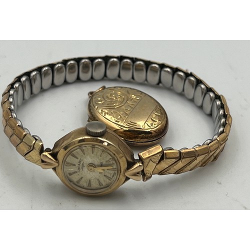 537 - A 9 carat gold cased ladies Rotary wristwatch on a rolled gold elasticated strap together with a loc... 