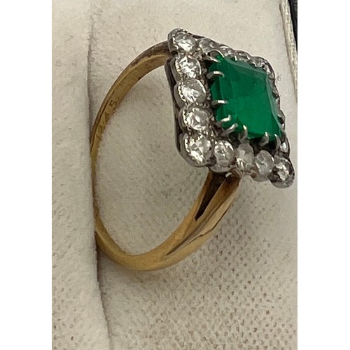 345 - A square cut emerald and diamond ring set in unmarked yellow and white metal. Head size approximatel... 