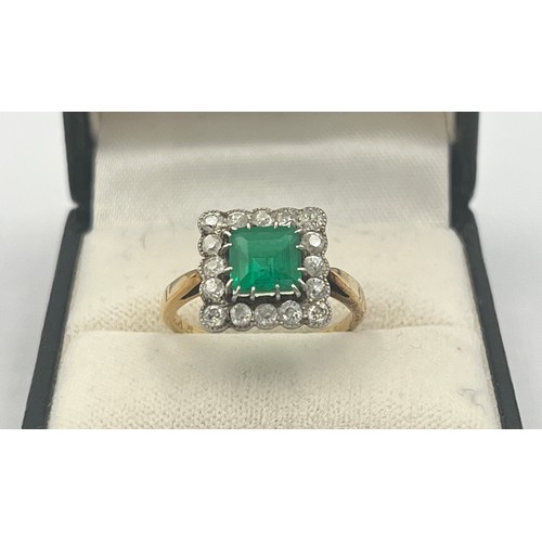 345 - A square cut emerald and diamond ring set in unmarked yellow and white metal. Head size approximatel... 