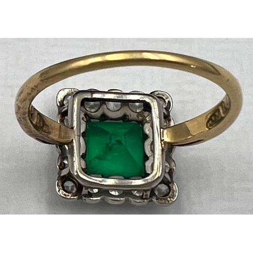 345 - A square cut emerald and diamond ring set in unmarked yellow and white metal. Head size approximatel... 