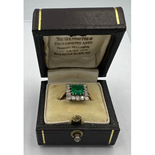 345 - A square cut emerald and diamond ring set in unmarked yellow and white metal. Head size approximatel... 