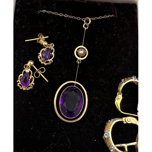 334 - Jewellery to include unmarked yellow metal pendant set with amethyst and seed pearl on a fine gold c... 