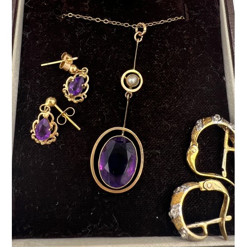 334 - Jewellery to include unmarked yellow metal pendant set with amethyst and seed pearl on a fine gold c... 