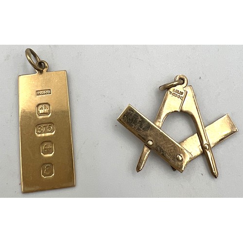 341 - Two 9 carat gold charms to include an opening masonic symbol and an ingot. Total weight 4.3gm.