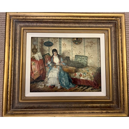 1406 - Ignace Spiridon (1869-1900) signed oil on panel depicting a lady and her dog with a stringed instrum... 