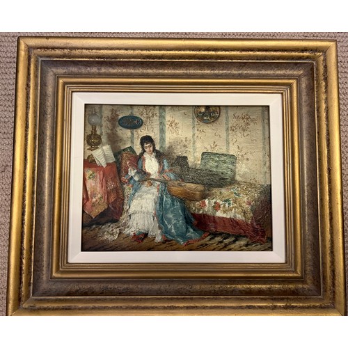 1406 - Ignace Spiridon (1869-1900) signed oil on panel depicting a lady and her dog with a stringed instrum... 