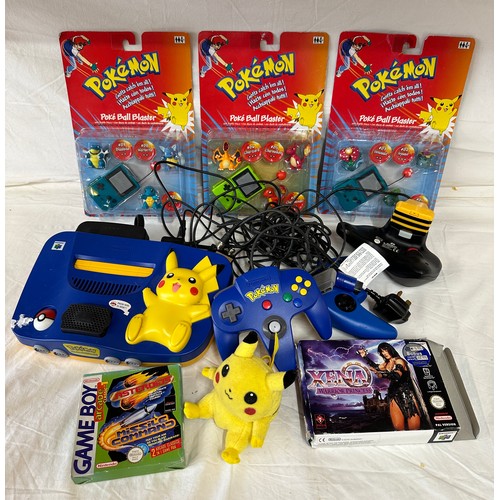 1142 - A Nintendo 64 Pikachu Pokémon games console with Pikachu controllers and 2 others, a Xena Warrior Pr... 
