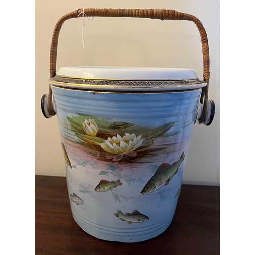 267 - A Winton Grimwades transfer printed slop bucket with fish and waterlily design with wicker handle. 3... 