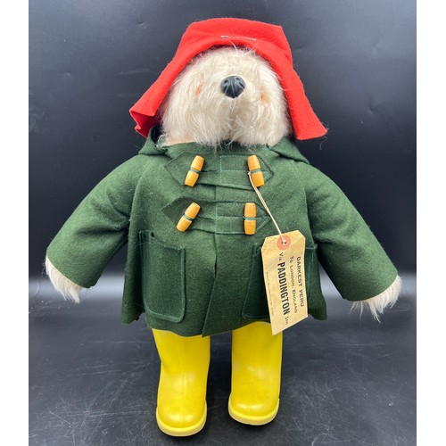 1143 - A Gabrielle designs vintage Paddington Bear with dark green duffel coat and yellow Dunlop Wellington... 