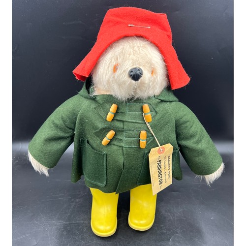 1143 - A Gabrielle designs vintage Paddington Bear with dark green duffel coat and yellow Dunlop Wellington... 