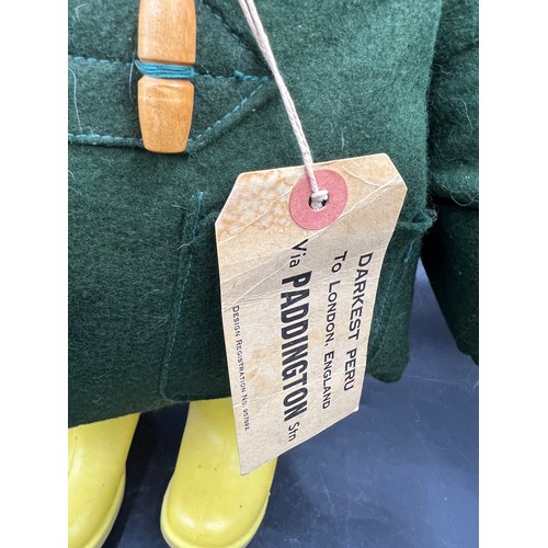 1143 - A Gabrielle designs vintage Paddington Bear with dark green duffel coat and yellow Dunlop Wellington... 