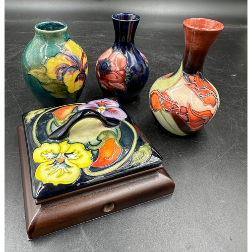 257 - Collection of 3 Moorcroft miniature vases tallest approx 11cm h, two with stickers, along with a dis... 