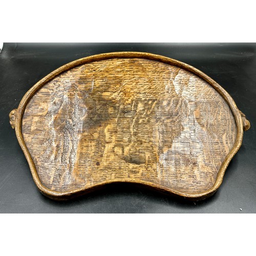 77 - Robert Thompson 'Mouseman'- adzed oak kidney shaped tea tray with carved mouse signature handles.  4... 