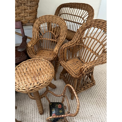 1126 - Various 19thC and 20thC toy wicker and wood items to include cradles, chairs and tables. Largest cra... 