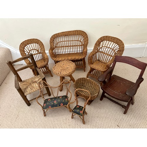 1126 - Various 19thC and 20thC toy wicker and wood items to include cradles, chairs and tables. Largest cra... 