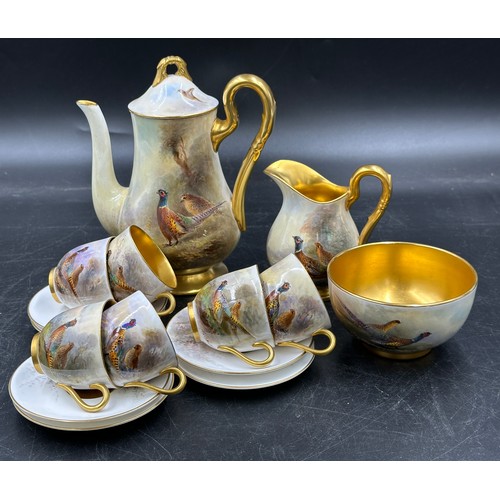 240 - A Royal Worcester coffee set painted with pheasants, by J. Stinton, all signed to include 6 x cups 5... 