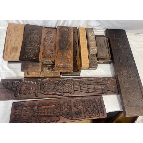 1265 - Beechwood and oak hand carved Gingerbread biscuit mould planks, traditional Dutch designs, Folklore,... 