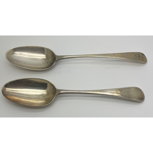 932 - Two silver tablespoons, both bottom marked, one with marks rubbed, the other London 1766. Maker Robe... 