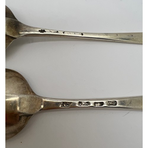 932 - Two silver tablespoons, both bottom marked, one with marks rubbed, the other London 1766. Maker Robe... 