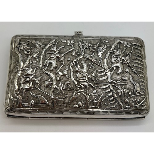 929 - A Chinese silver cigarette case with repoussé decoration, a fight scene to one side, dragon to the r... 