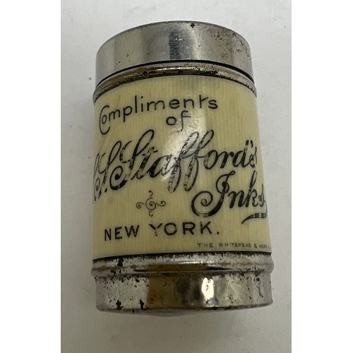 1267 - An SS Stafford’s Inks of New York advertising tin containing six dice. 3.5cm h.