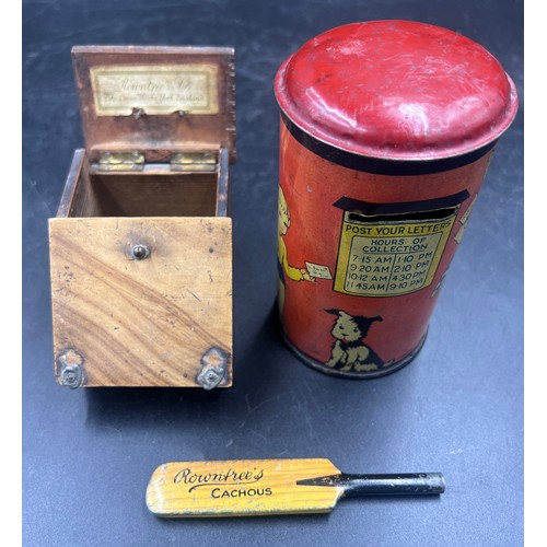 1269 - Rowntree's - miniature bat Rowntree Cachous tin, Rowntree's wooden match holder in the shape of a co... 