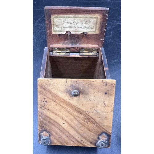 1269 - Rowntree's - miniature bat Rowntree Cachous tin, Rowntree's wooden match holder in the shape of a co... 