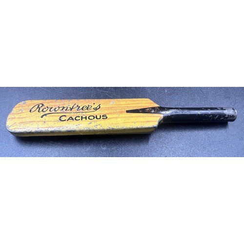 1269 - Rowntree's - miniature bat Rowntree Cachous tin, Rowntree's wooden match holder in the shape of a co... 