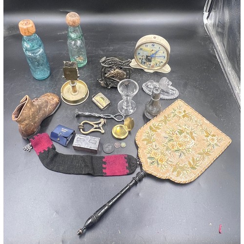 1270 - A miscellany to include vesta case, miniature shaver, cod bottles and openers, Tallyho bank cast iro... 