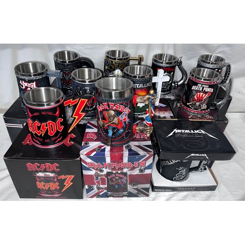 1275 - Eleven Heavy Metal boxed tankards to include Metallica x 2, Ghost x 2, Slayer, Motorhead, Iron Maide... 