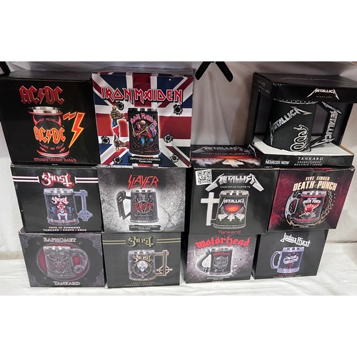 1275 - Eleven Heavy Metal boxed tankards to include Metallica x 2, Ghost x 2, Slayer, Motorhead, Iron Maide... 