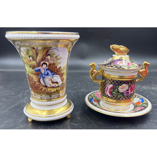 232 - A boxed Spode Regency pattern chocolate pot with cover and saucer decorated with gilt griffin shaped... 