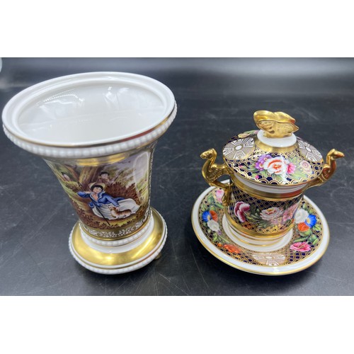 232 - A boxed Spode Regency pattern chocolate pot with cover and saucer decorated with gilt griffin shaped... 