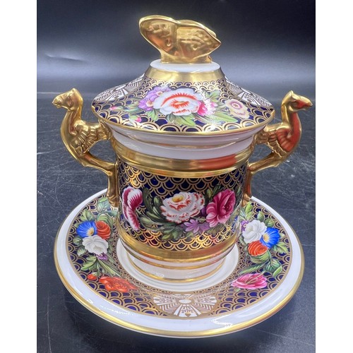 232 - A boxed Spode Regency pattern chocolate pot with cover and saucer decorated with gilt griffin shaped... 