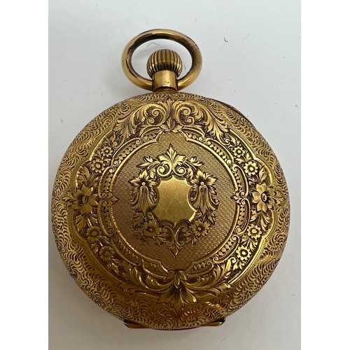 747 - A 19thC pocket watch with 18 carat gold outer case. 4cm diameter approximately. Total weight 50.9gm.