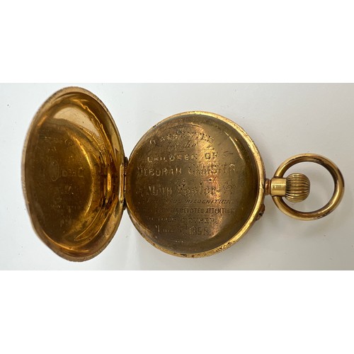 747 - A 19thC pocket watch with 18 carat gold outer case. 4cm diameter approximately. Total weight 50.9gm.