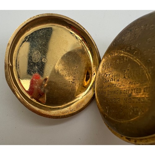 747 - A 19thC pocket watch with 18 carat gold outer case. 4cm diameter approximately. Total weight 50.9gm.