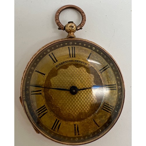 748 - A 19thC continental pocket watch with 14 carat gold outer case. C. Lanier Geneve. 3.5cm diameter. To... 