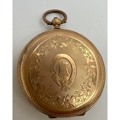 748 - A 19thC continental pocket watch with 14 carat gold outer case. C. Lanier Geneve. 3.5cm diameter. To... 