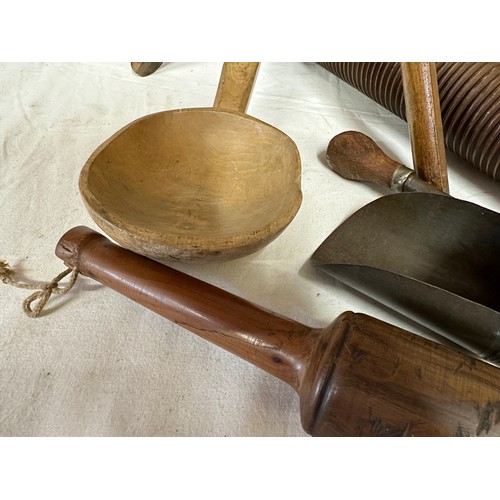 1279 - An assortment of kitchenalia to include a large copper mould 29cm d, a portable wooden stand, a Blow... 