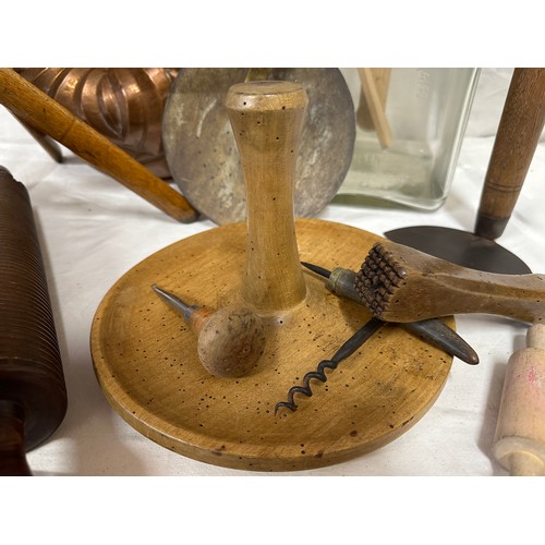 1279 - An assortment of kitchenalia to include a large copper mould 29cm d, a portable wooden stand, a Blow... 