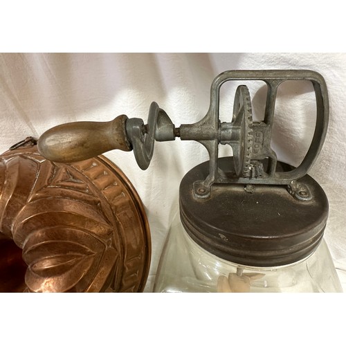 1279 - An assortment of kitchenalia to include a large copper mould 29cm d, a portable wooden stand, a Blow... 